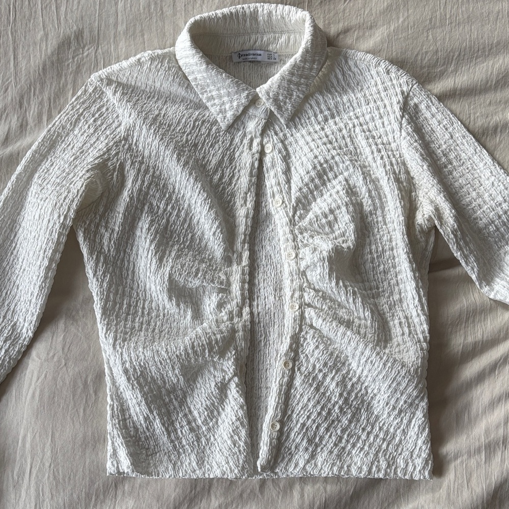 White Ruched Textured Button-Up Shirt
